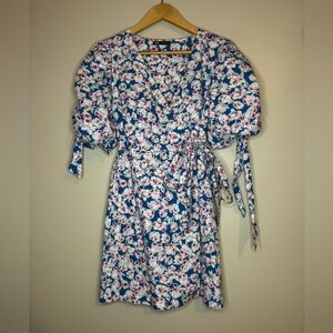Zara Blue Floral Wrap Dress Puff Sleeve Tie Waist XS